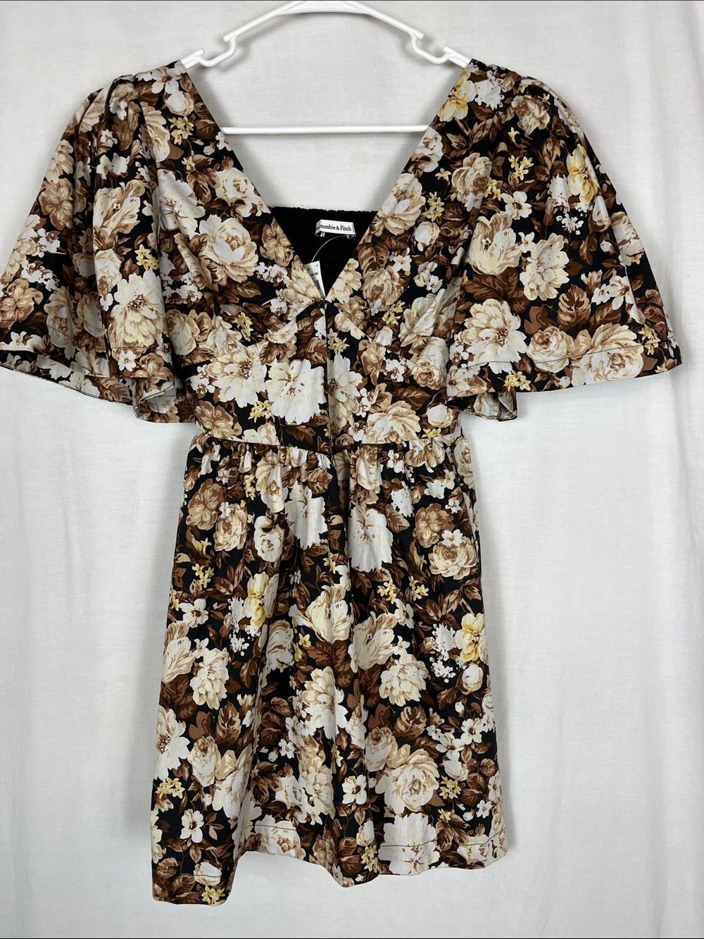 NWT Abercrombie and Fitch Angel Sleeve Smocked V-Neck Brown Floral Mini Dress